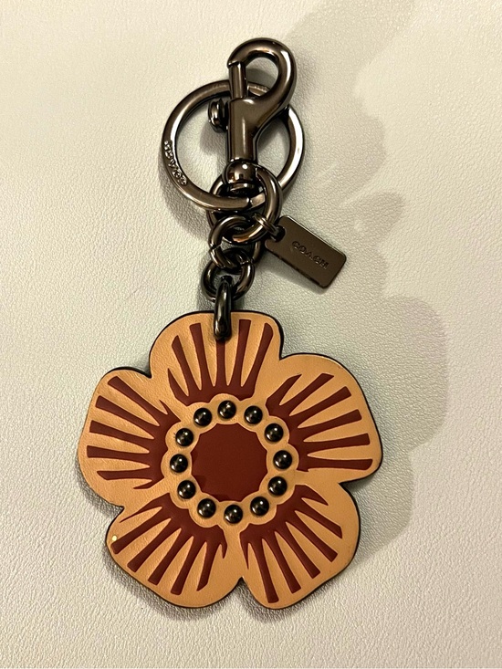 Coach Accessories - Coach Leather Tea Rose Flower Charm Keychain Gunmetal Studded Floral